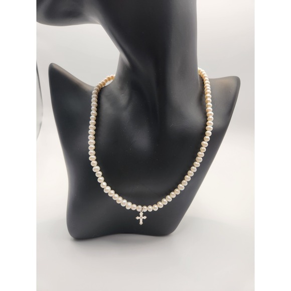 The Unbranded Brand Jewelry - Sterling Silver 925 Freshwater Pearl Cross Pendant Necklace 16 Inch Creamy White